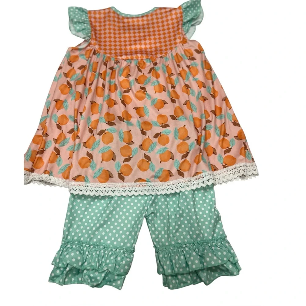 3XL(7-8 girls) Boutique Ruffle Pants Peach Print Dress & Polka Dot shorts